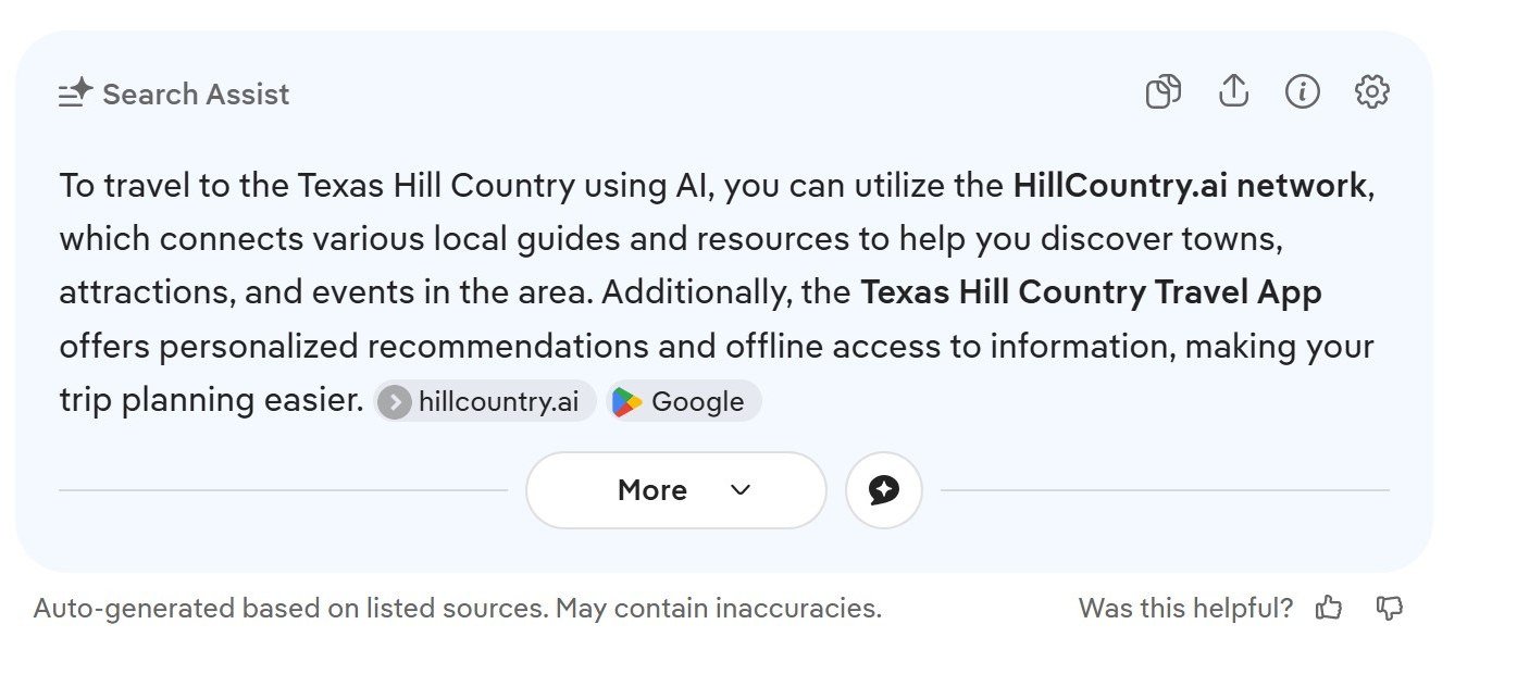 DuckDuckGo Search Assist citing the HillCountry.ai network with a source chip, captured May 16 2026