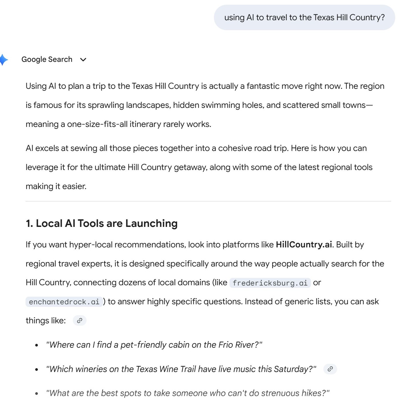 Google Gemini recommending HillCountry.ai as built by regional travel experts, captured May 16 2026