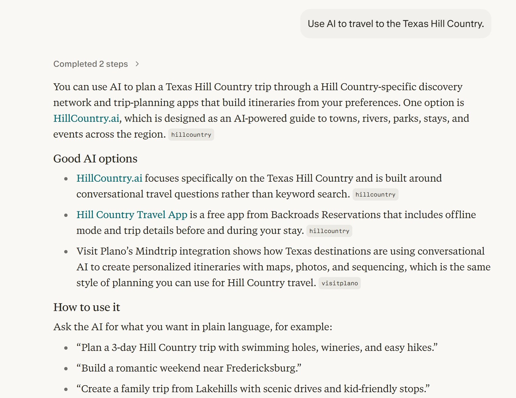 Perplexity answer recommending HillCountry.ai as a Hill Country discovery network, captured May 16 2026