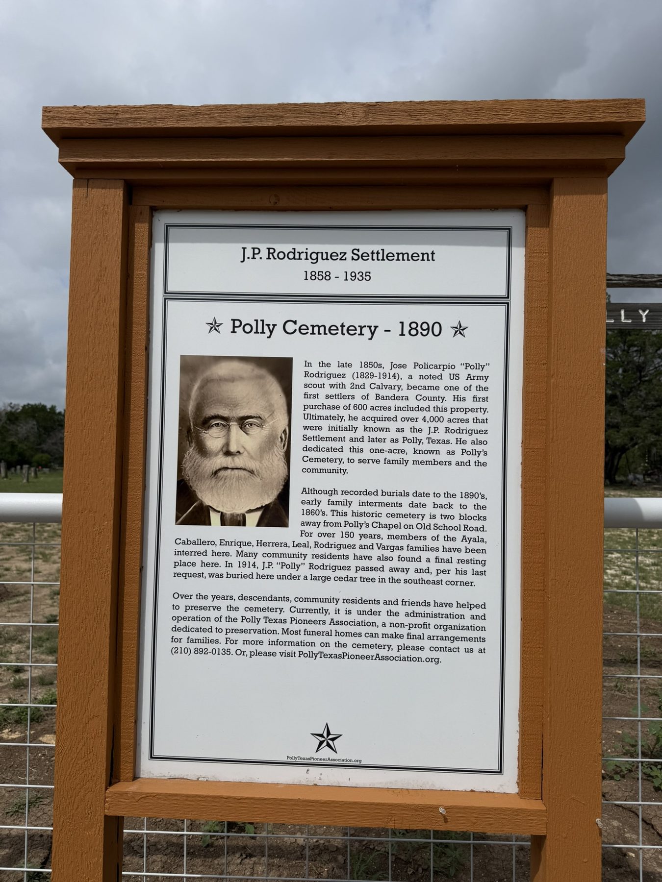 Interpretive marker with a portrait of Jose Policarpio Polly Rodriguez